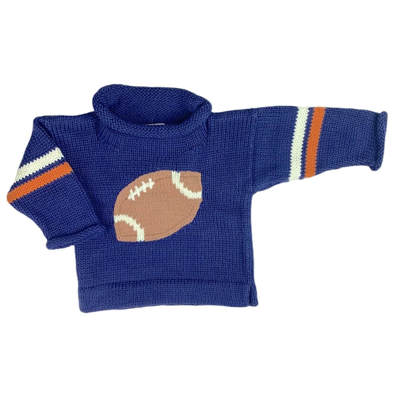 navy roll neck sweater with orange and white stripes, 2 stripes on each sleeve, brown and white football in center