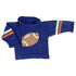 navy roll neck sweater with orange and white stripes, 2 stripes on each sleeve, brown and white football in center