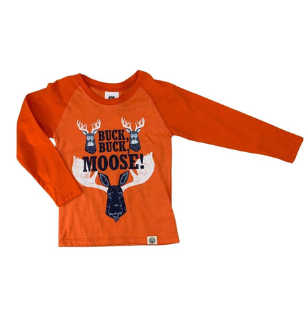 orange long sleeve shirt with Buck Buck Moose graphic