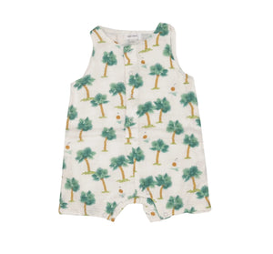 tan romper with green palm trees all over