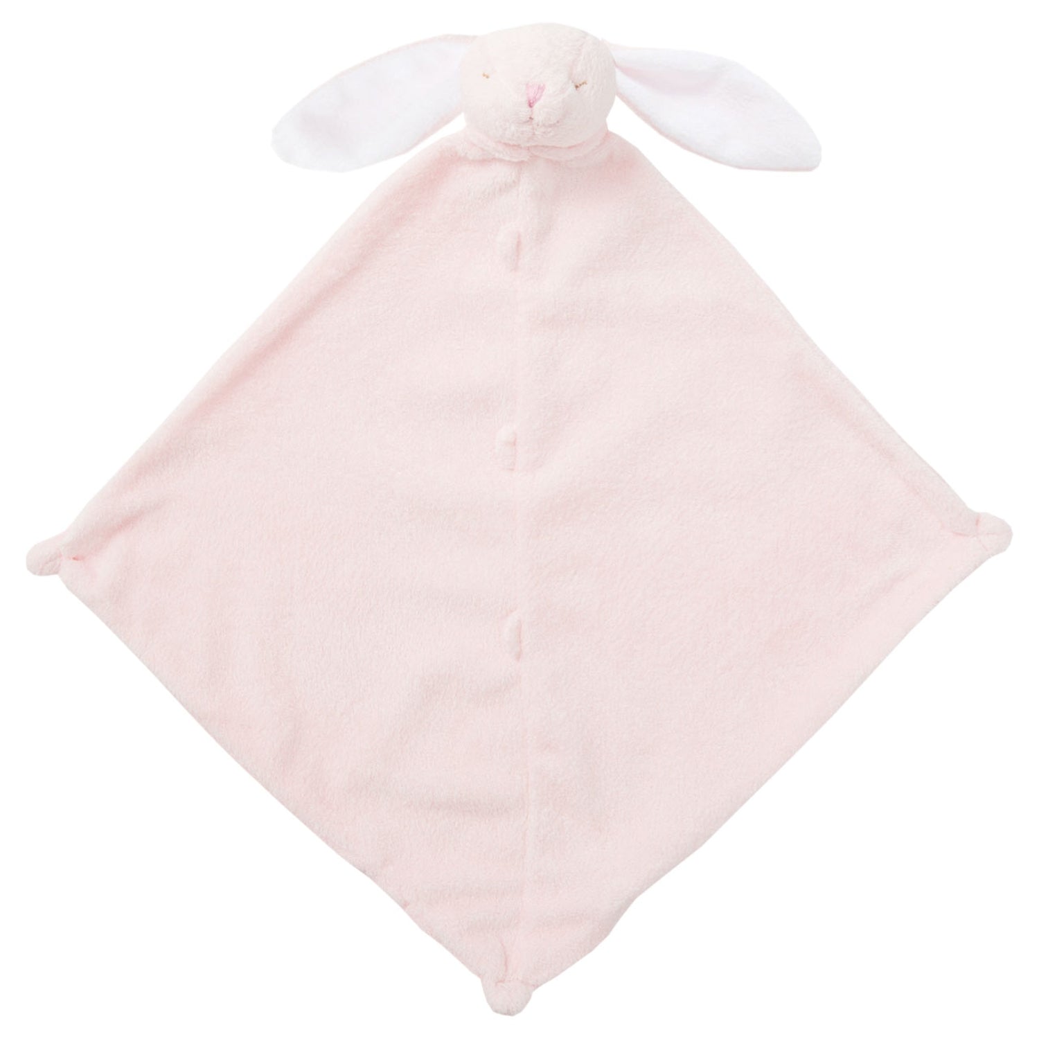 light pink diamond shaped blanket with bunny plush at top with long ears