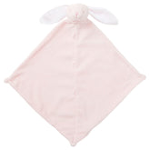 light pink diamond shaped blanket with bunny plush at top with long ears
