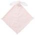 light pink diamond shaped blanket with bunny plush at top with long ears