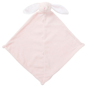 light pink diamond shaped blanket with bunny plush at top with long ears