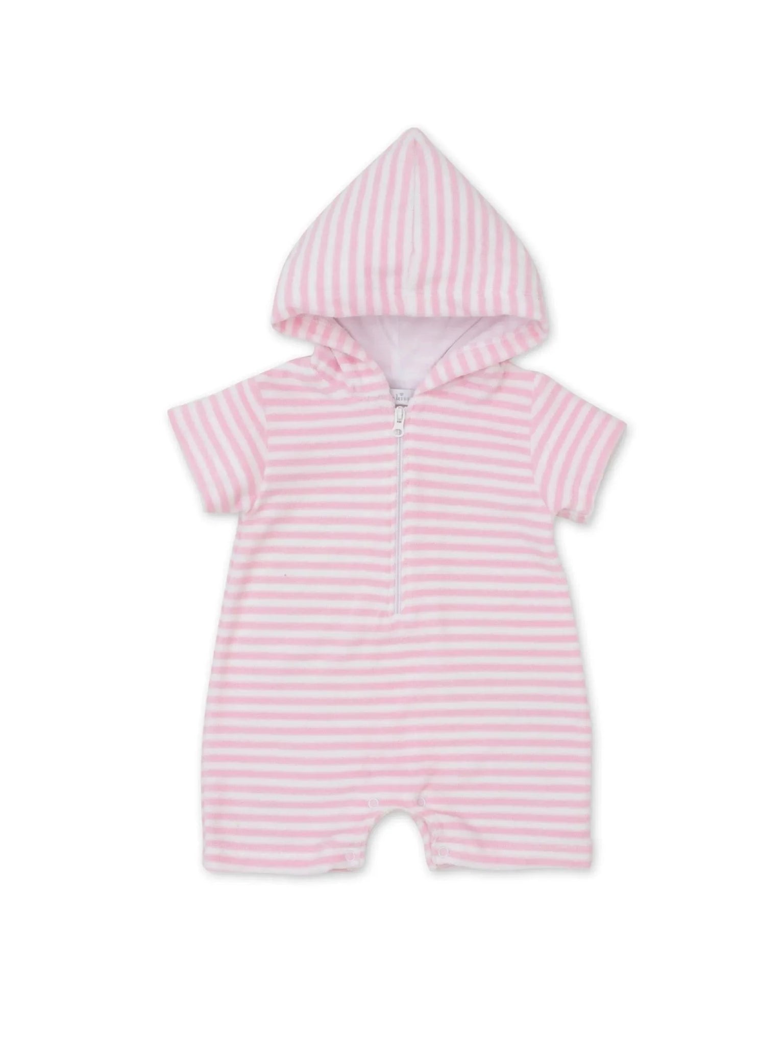 pink and white striped terry hooded romper
