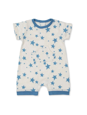 white romper with blue stars and blue on collar and on legs