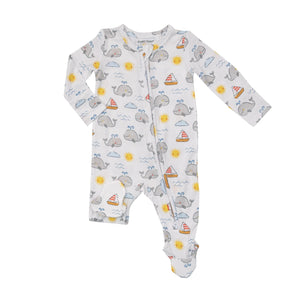 white footie with whales, sailboats, suns, clouds all over