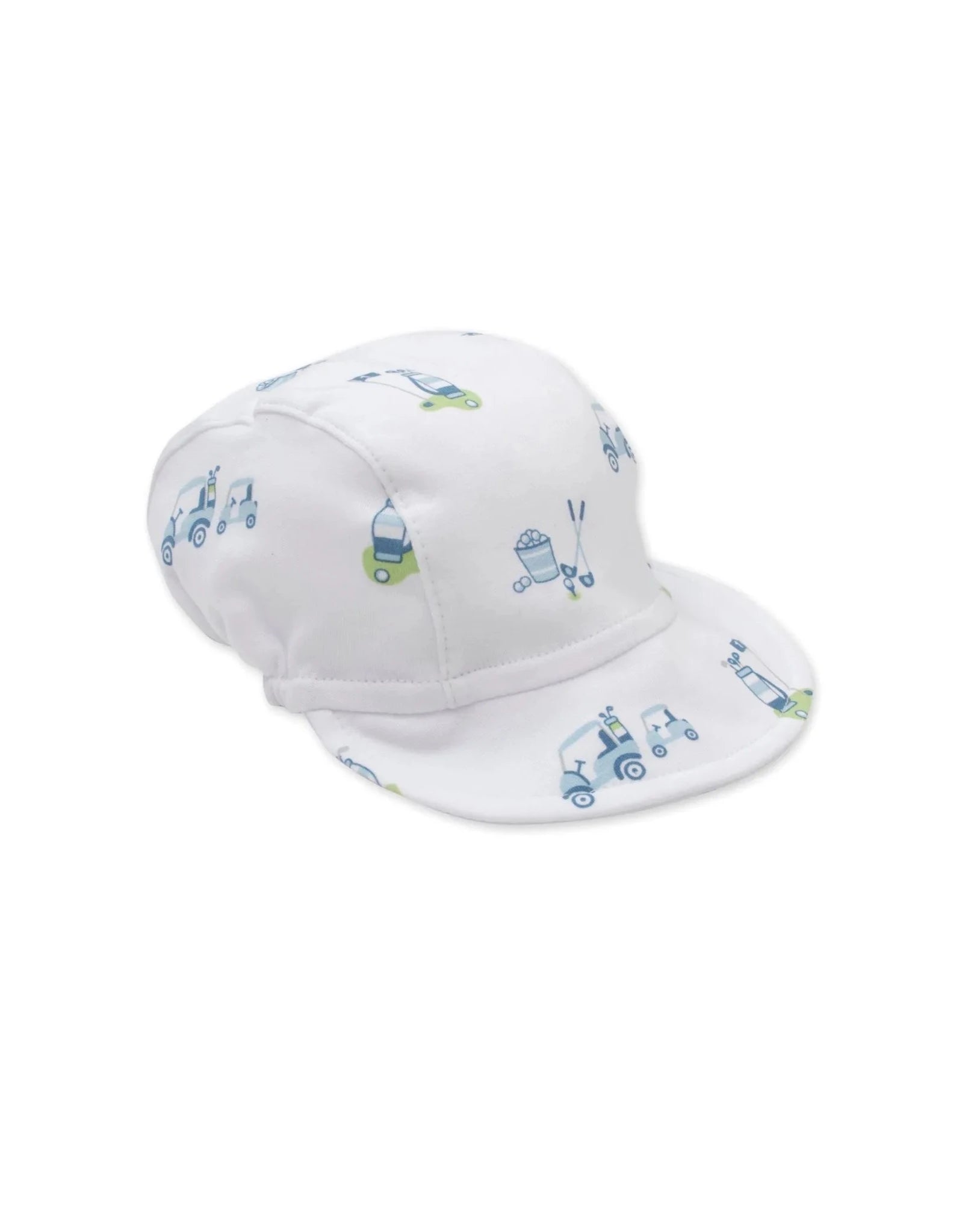 white cap with blue golf carts, golf bags, golf clubs