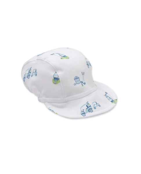 white cap with blue golf carts, golf bags, golf clubs