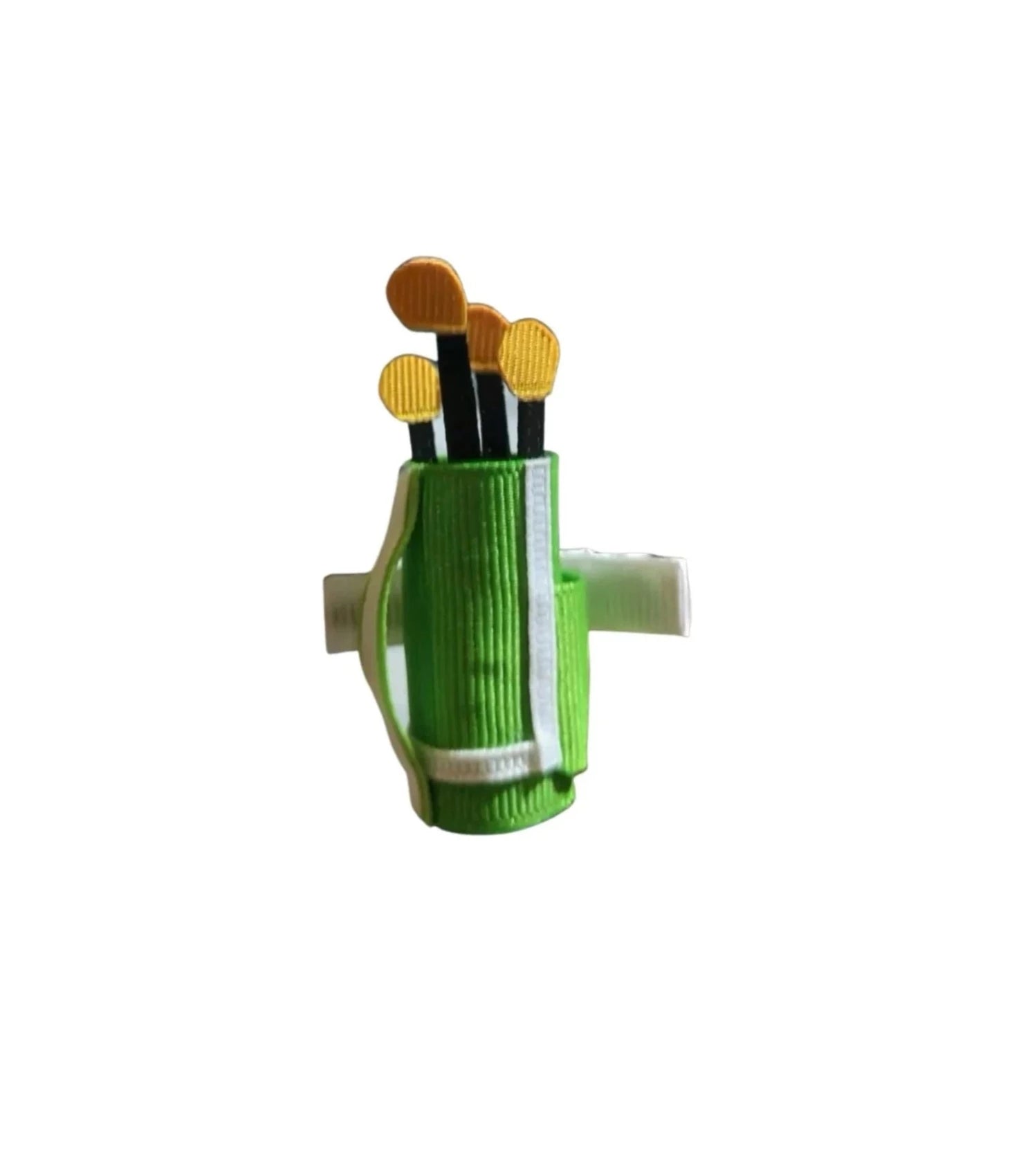 green golf bag with yellow clubs on a hair clip